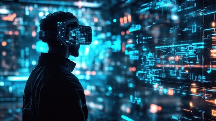 Futuristic AI-driven gaming, digital metaverse experience, glowing virtual reality world,