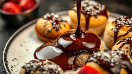 A rich chocolate sauce drizzling over a plate of decadent desserts, dessert, chocolate sauce, treat