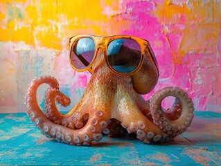 Cool octopus with sunglasses against vibrant graffiti, embodying summer fun. Ideal for quirky designs, vacation themes, marine life education, or kids' projects.