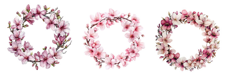 Watercolor set of spring wreaths png. Spring branches of magnolia and sakura braided into a round wreath. Spring frames. Spring and blossom concept. Vector illustration. © Narin