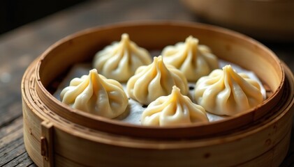 Steamed dumplings, delicate pleats, glistening skin, vegetable, white background, cuisine
