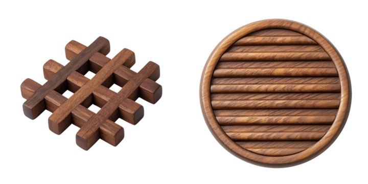 Tableware for party elements. Wooden coasters with distinct designs, one featuring a grid pattern and the other a circular shape with parallel lines.
