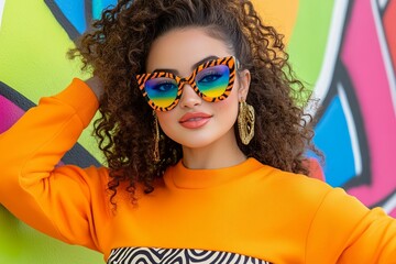 Stylish young woman in vibrant orange sweatshirt and patterned pants poses confidently against urban graffiti wall, embodying street fashion and youthful attitude