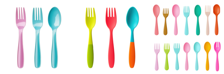 Tableware for party elements. A vibrant assortment of colorful forks and spoons arranged in various sizes.