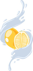 Clip art with splash of water and lemon. Summer illustration.