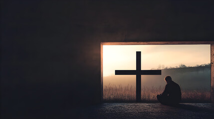 Christian cross against the sky from which light emanates, testifying to the presence of the Lord and eternal life. Religious background	