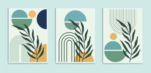 Abstract botanical wall art prints sun moon poster. Contemporary minimalist backgrounds modern boho style. Mid century wall decor, art print. Illustration