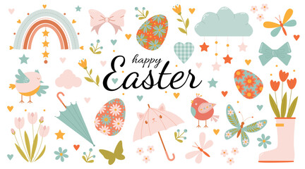 Fototapeta premium A large set of spring elements for Easter in delicate shades on a white background