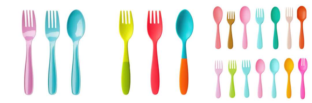 Tableware for party elements. A vibrant assortment of colorful forks and spoons arranged in various sizes.