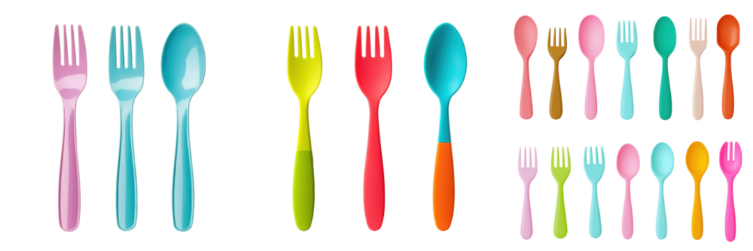 Tableware for party elements. A vibrant assortment of colorful forks and spoons arranged in various sizes.