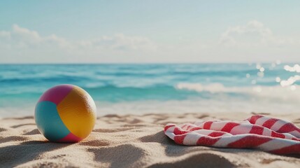 Obraz premium Beach ball and towel resting on the sand against a scenic ocean view