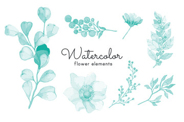 Mint Green Watercolor Flower Elements &ndash; Hand-Painted Floral Design