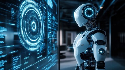 Futuristic AI robot with glowing circuits, standing in a high-tech office, interacting with a holographic interface