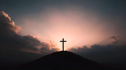 Christian cross against the sky from which light emanates, testifying to the presence of the Lord and eternal life. Religious background	