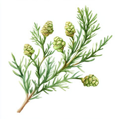 Cypress branch with tiny green cones, showcasing delicate foliage and natural beauty. This hand painted illustration captures essence of nature elegance and tranquility
