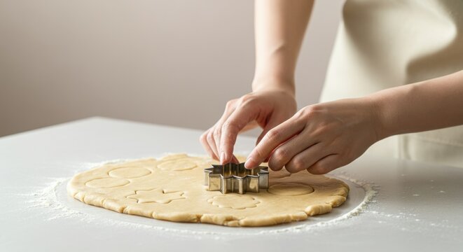 Baking star-shaped cookies with metal cutter on floured dough