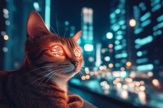 Cat with Glowing Eyes Against a Vibrant Urban Night Background