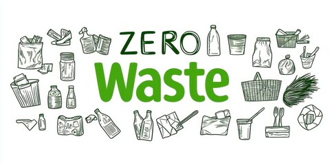 Eco-Friendly Sustainability Zero Waste & Conservation. Promoting a zero waste lifestyle with eco-friendly illustrations and a bold green message.
