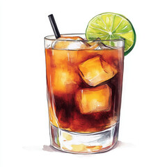 refreshing cocktail with ice cubes and lime slice, perfect for summer evening. vibrant colors and details make it appealing drink illustration