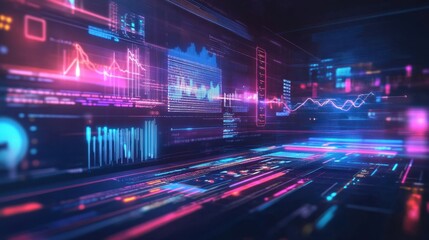 Futuristic digital marketing strategy, AI-powered analytics, holographic data visualization, neon blue and purple tones,
