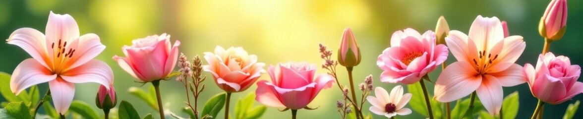 Sunlit pastel roses, lilies, and wildflowers in a charming spring arrangement , soft, photo, elegant