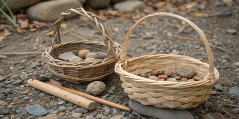 Handmade wicker baskets filled with smooth stones on a dirt surface surrounded by natural elements