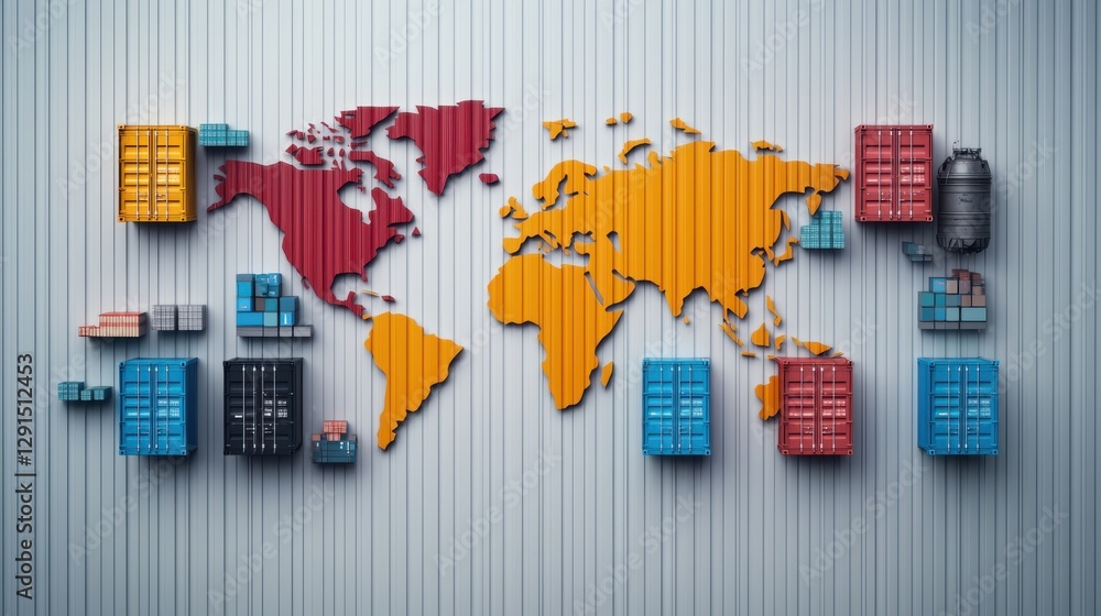 Poster global trade concept world map with shipping containers overview