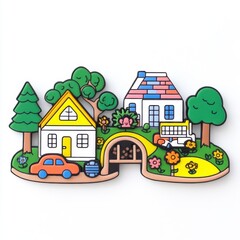 Fototapeta premium Colorful and Playful Illustration of a Whimsical Neighborhood with Houses, Trees, and Flowers