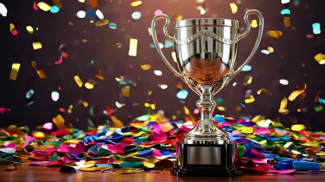 Silver trophy  with sparkling confetti video