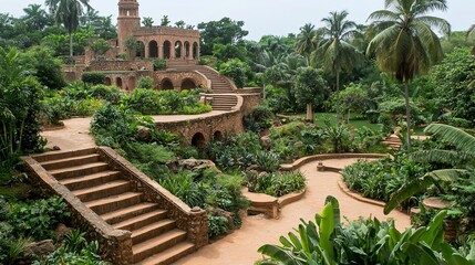 Tropical garden with stone pathways, architecture, lush greenery