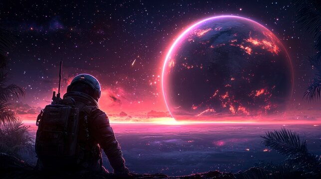 Individual sitting on a rock gazing at a distant planet in a dreamy cosmic landscape filled with stars