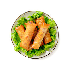 Fresh fried spring rolls stuffed with red cabbage and carrot, isolated on white background, top view