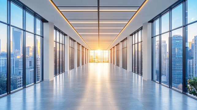 spacious open plan office with high ceilings and large windows, showcasing stunning city skyline at sunset. bright, airy atmosphere creates modern and inviting workspace