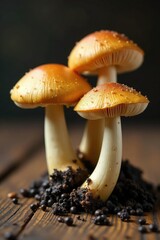 Champignon mushrooms with their stems and gills exposed on a wooden surface, spores, champignon mushrooms, exposed gills