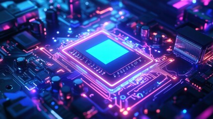 Fototapeta premium High-tech AI chip installation on a supercomputer motherboard, glowing with blue and purple lights
