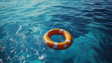 floating rescue buoy in clear blue water, symbolizing safety and rescue. This life saving device is essential for emergencies at sea or in pools