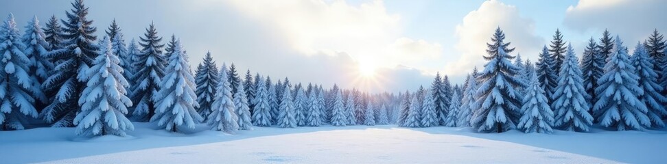 Dense forest of coniferous trees under snow-covered sky, snowy trees, cold weather, peaceful atmosphere
