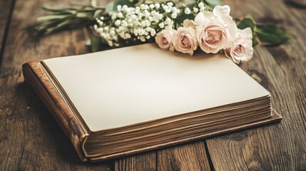 Fototapeta premium An open book rests with flowers on a wooden surface