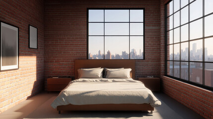 Obraz premium Modern loft bedroom with industrial design and large windows showcasing city views