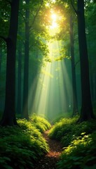 Dense forest with sunlight filtering through trees, atmosphere, sunlight