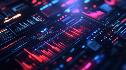 Fototapeta premium High-tech digital finance trading platform, futuristic stock market data, glowing UI dashboard,