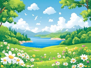 Fototapeta premium Scenic Lakeside Meadow, Summer Day, Peaceful View, Ideal for Nature-Themed Posters