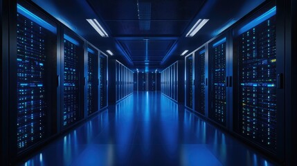A futuristic data center with rows of glowing blue server racks and advanced lighting in a secure environment. Perfect for cloud computing, cybersecurity, and IT infrastructure concepts