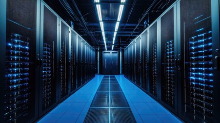 A high-tech data center with glowing blue server racks, advanced overhead lighting, and a secure modern infrastructure. Perfect for cloud computing, cybersecurity, and IT infrastructure concepts