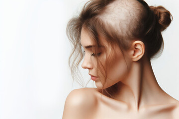Fototapeta premium Close up woman with little hair due to alopecia or hair loss Isolated on white background