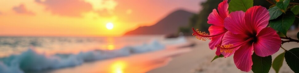 Naklejka premium Vibrant hibiscus blooms at sunset, sandy beach , orange, graphic