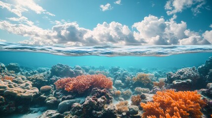 Naklejka premium Dive into a tranquil underwater world where colorful corals flourish beneath a bright, cloud-studded sky. The interplay of light creates an enchanting aquatic landscape, inviting exploration
