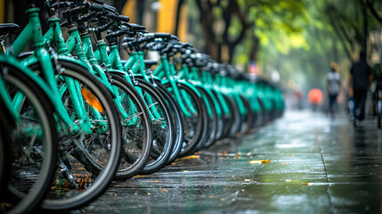 Bright green bikes lined up at bike station on rainy street, showcasing urban transportation. wet pavement reflects vibrant colors, creating lively atmosphere