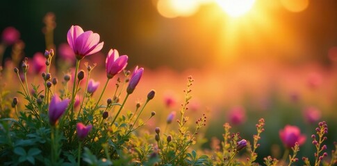 Vibrant pink and violet wildflowers bathed in golden sunset light , rural, background