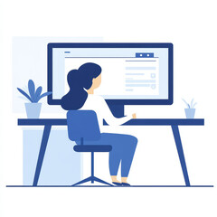 person sitting at desk with large screen, focused on work. scene features plants and modern workspace